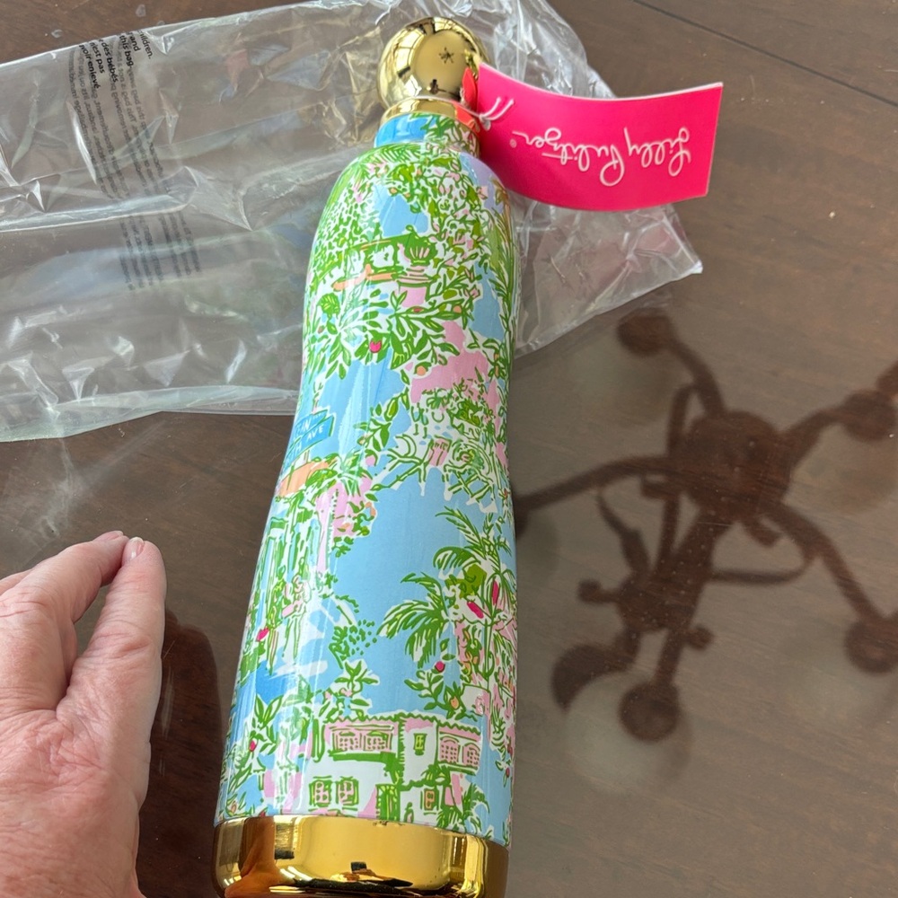 Lilly Pulitzer Blue and Pink Water Bottle with Gold Cap NWT